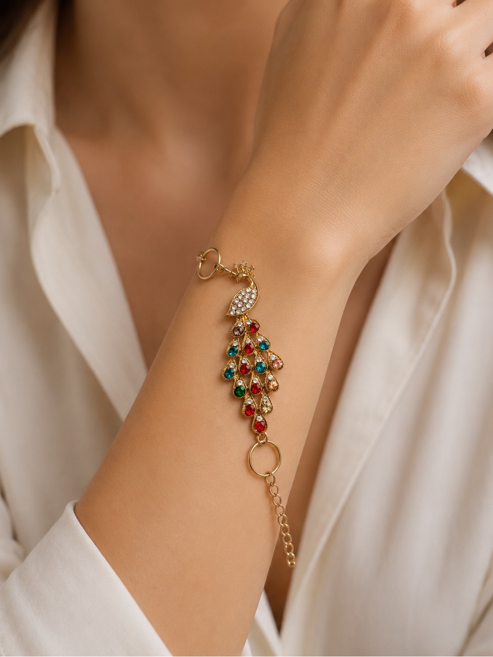 Gold Peacock-Style Bracelet with Multicolor Gem Drops